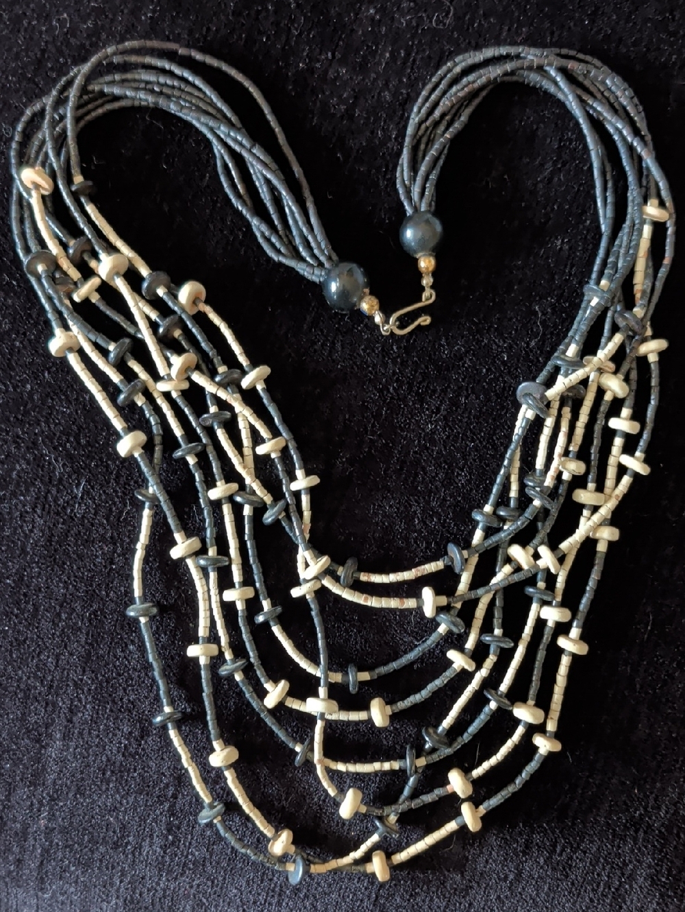 Retro Multi-Strand Costume Jewelry Beaded Necklace in Black and Cream